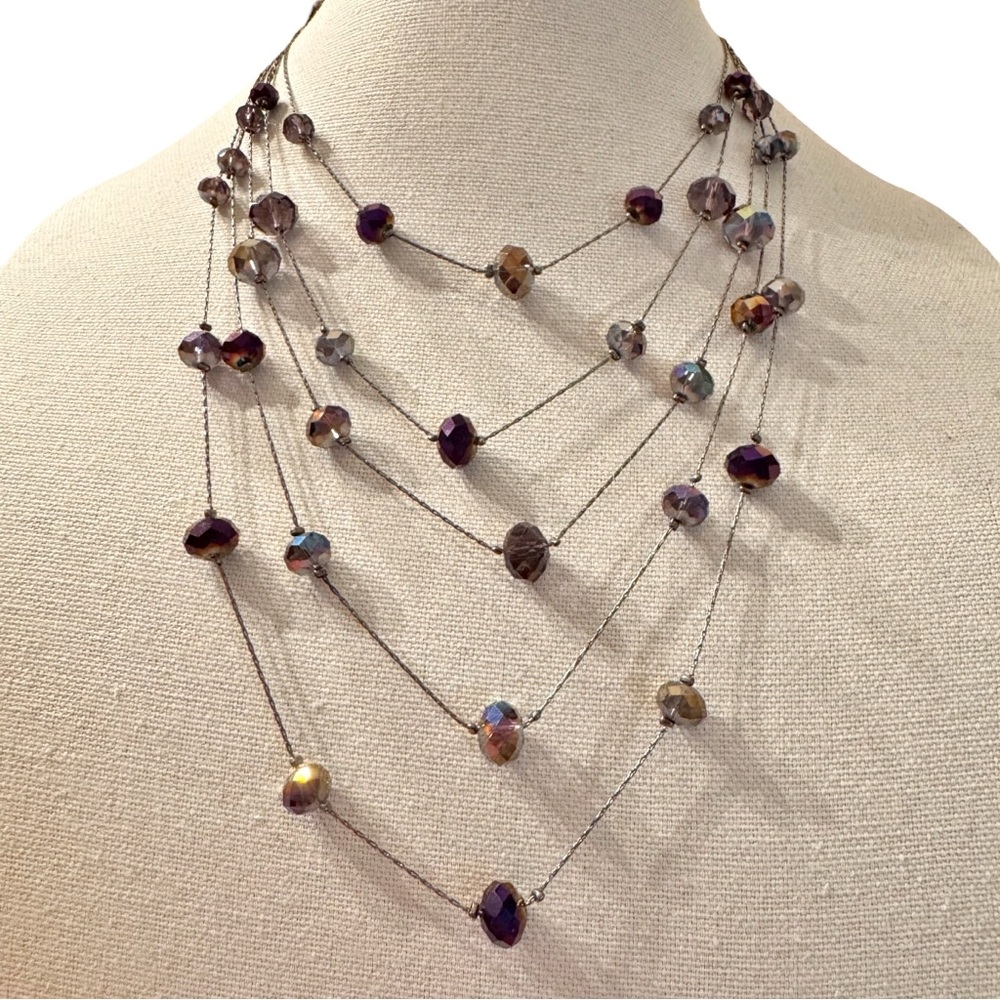 Ali Khan New York 5 Strand Layered Crystal Bead Station Necklace Purple Pewter